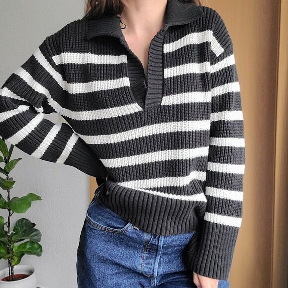 H&M Black/White Striped Chunky Ribbed Knit Polo Sweater Size Small - Picture 4 of 10